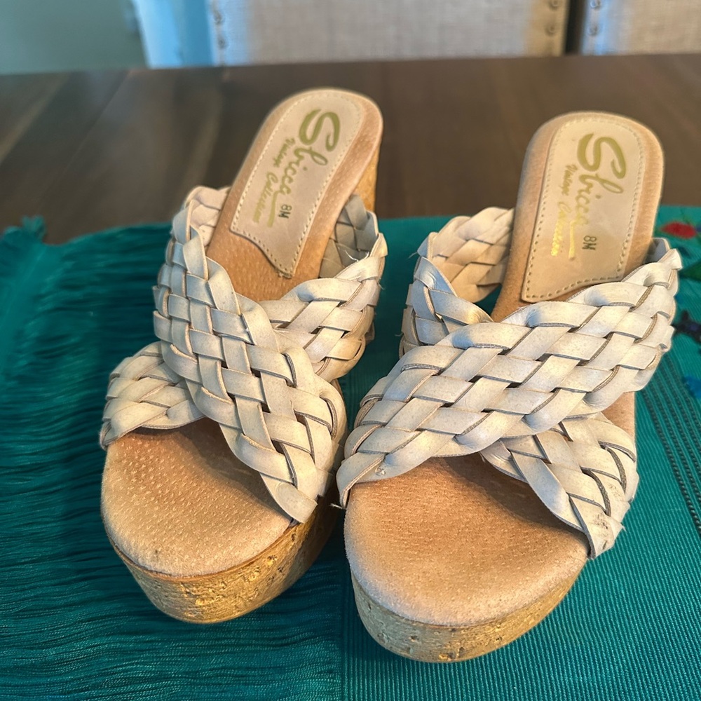 Sbicca Vintage Collection Wedge Sandals Off White Braided Leather Straps Size 8M